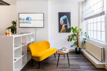 Interior photography, branding photography, real estate photography, interior photo of the waiting area in an office for company Blue Umbrella, Amsterdam