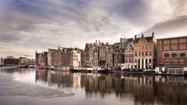 Landscape photography, view of typical Amsterdam city skyline, photo taken for illustration on website, brochure and social media