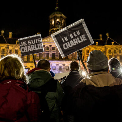Journalistic photography, event photography, crowd holding signs at demonstration after the terrorist attack at Charlie Hebdo - Amsterdam, The Netherlands