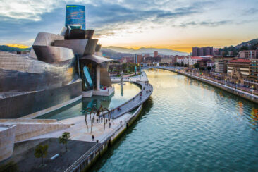 Landscape photography, view of the touristic Guggenheim museum in Bilbao, Spain, photo taken for illustration on website, brochure and social media