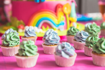 Private photography, birthday photography, zoom on colourful mouthwatering cupcakes at a birthday party, Amsterdam