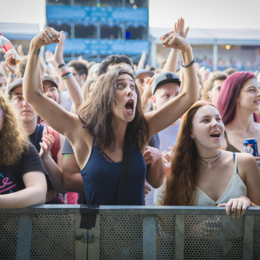 Event photography, festival photography, a feminist young woman in the audience crowd is showing her muscles and power during concert of French singers' duo Ibeyi at Paleo Festival Nyon Switzerland