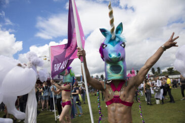 Event photography, festival photography, performers dressed as unicorns performing at Milkshake festival, Westerpark Amsterdam