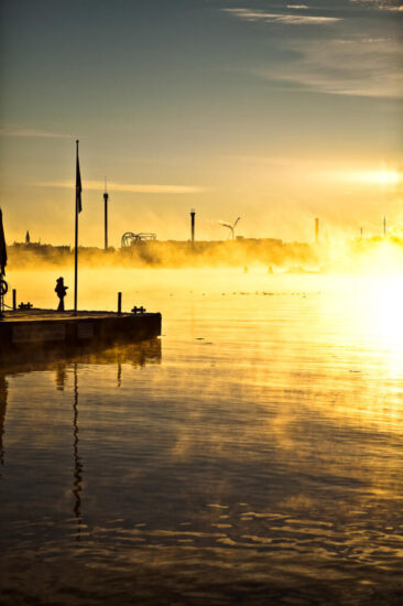 Landscape and nature photography, view of the port of Stockholm at sunrise in the winter, Sweden