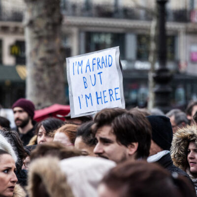 press, Journalistic photography, event photography, crowd holding signs at demonstration in Paris after the terrorist attack at Charlie Hebdo and November 2015 Paris attacks - Paris, France