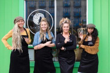 Lifestyle corporate portraits, professional group photo of dreadlocks hairdressers at Irie Dreads, Amsterdam