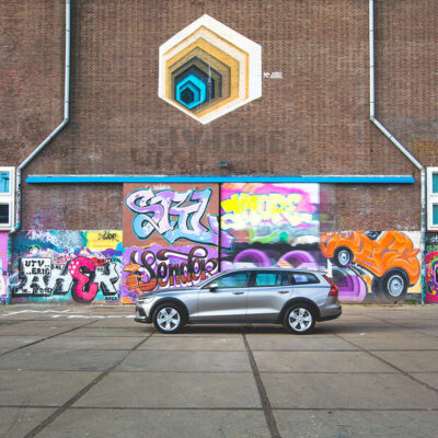 Lifestyle branding corporate photography, photo of a Volvo car in front of graffiti at NDSM, Amsterdam Noord