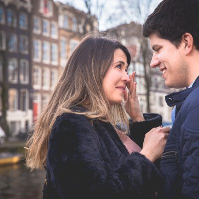 Proposal and engagement photography, the woman is crying after her boyfriend proposed to her, Brouwersgracht, Amsterdam