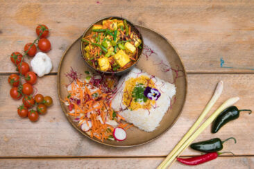 Food and restaurant photography, branding and product photography, shot of healthy mouthwatering Indonesian dish with rice and vegetables, Amsterdam