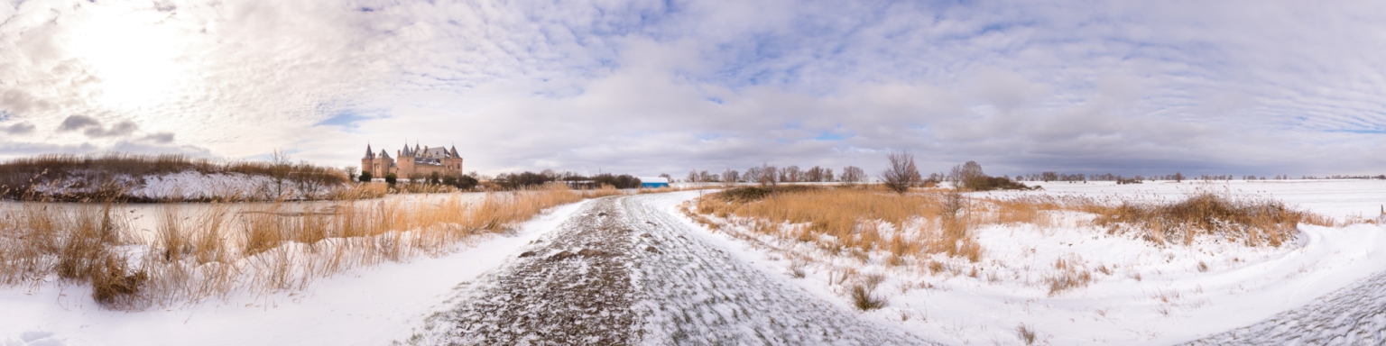 Landscape photography, branding and marketing photography, panorama photo of the Muiderslot Castle and surroundings under the snow in the winter for website and brochure, Muiden, The Netherlands